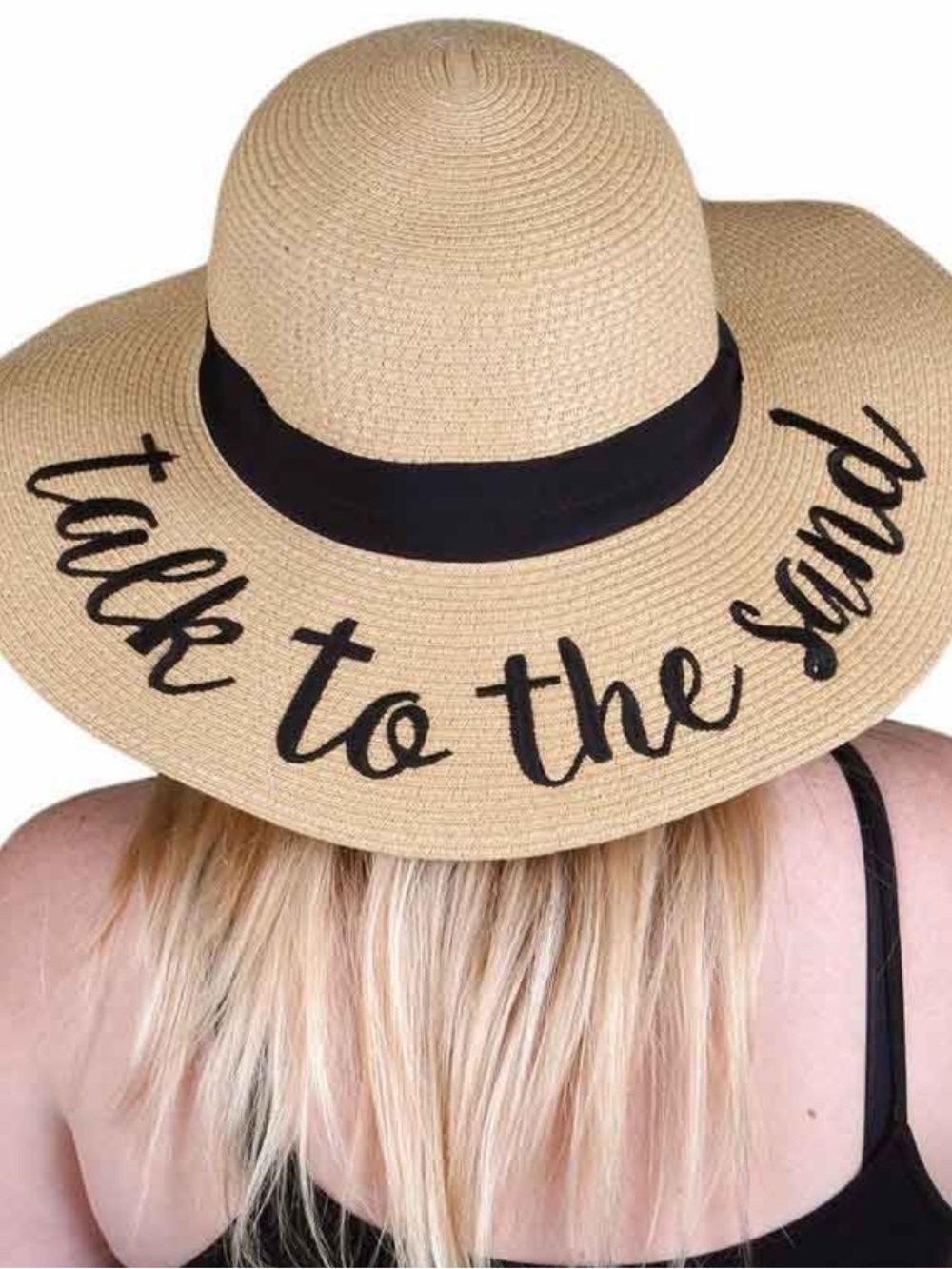 Embroidered Floppy Beach Hat - Natural Straw with Black Trim